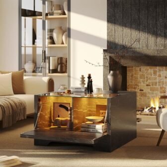 31.5 in. Black Marble Square Wood Coffee Table with LED Light and...