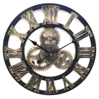 32248 20" Gear Wall Clock with Black and Gold Finish with Roman