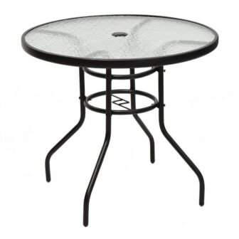 32 in. Black Round Metal Outdoor Dining Table with Umbrella Hole and...