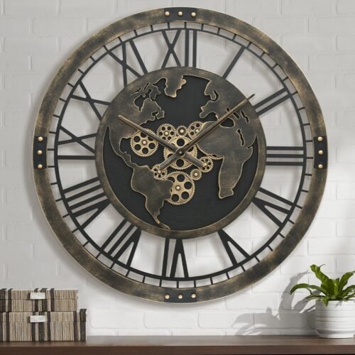 32" Large Gear Clock with World Map, Oversized Vintage Gold Real Moving Gears...