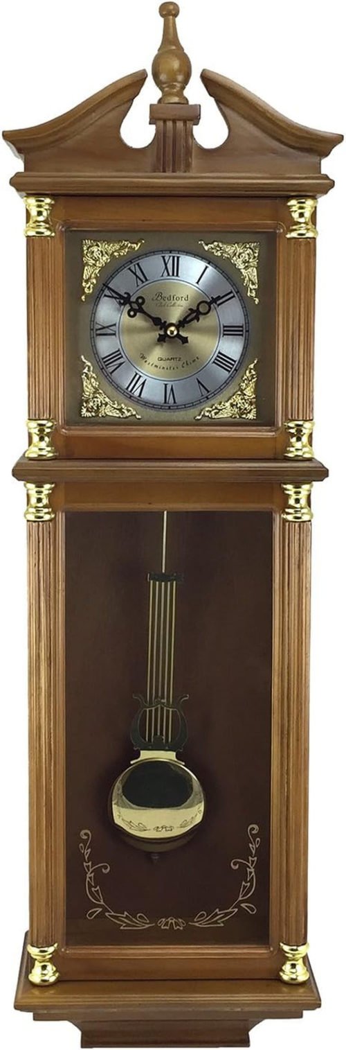 34.5 Inch Chiming Pendulum Wall Clock in Antique Harvest Oak Finish