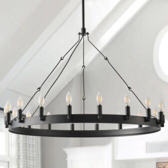 39.37 in. 18-Light Black Farmhouse Wagon Wheel Chandelier Rustic Industrial Candle Hanging...