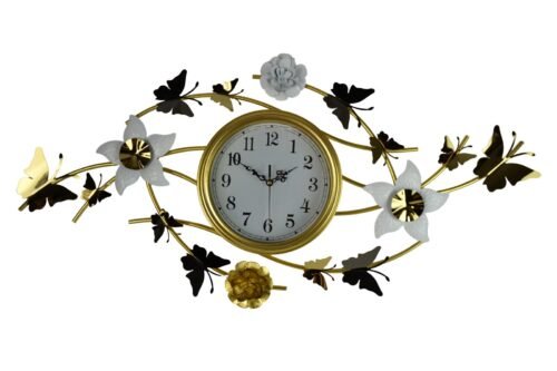39" Metal Gold and White Butterfly and Flower Wall Clock
