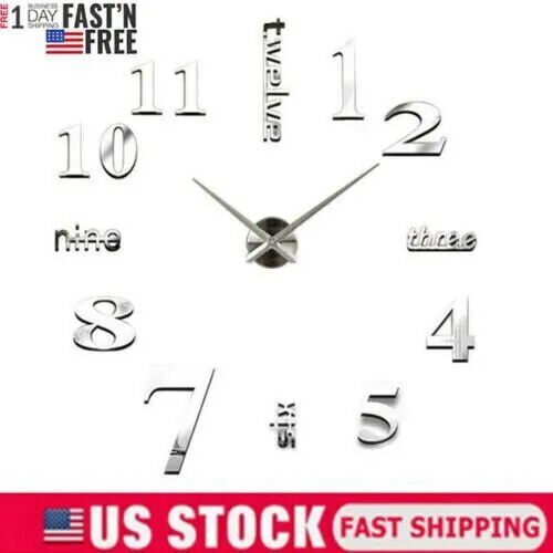 3D DIY Large Frameless Wall Clock Mirror Number Sticker Modern Home Decal Decor