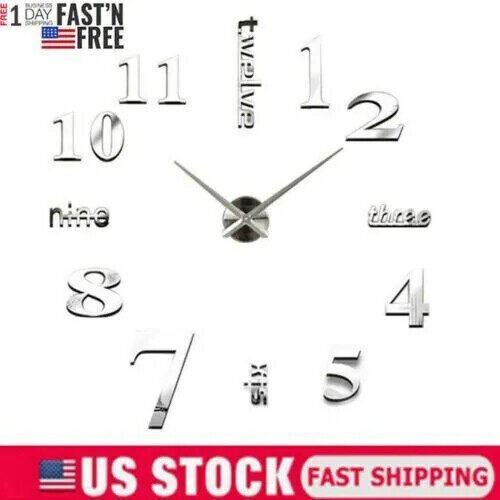 3D DIY Large Frameless Wall Clock Mirror Number Sticker Modern Home Decal Decor