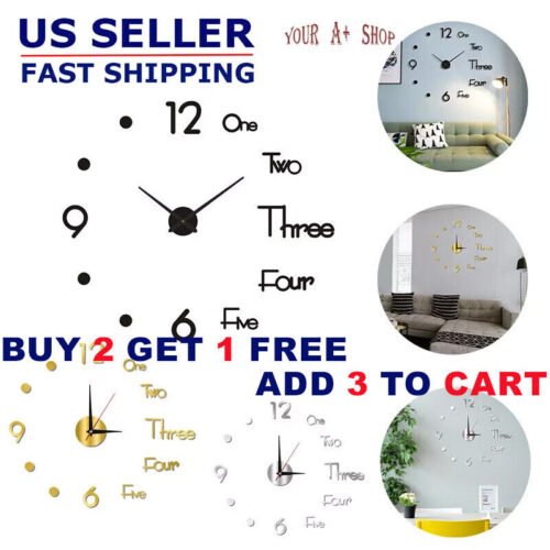 3D DIY Large Wall Clock Mirror Surface Modern Sticker Office Home Shop Art Decor