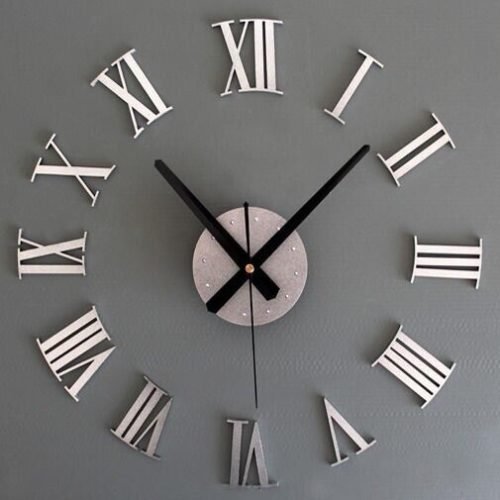 3D DIY Roman Number Wall Clock Silver Silent Self-Adhesive Frameless Luxury Room