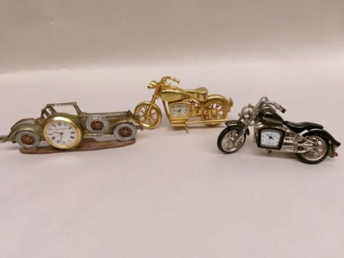 3 DECORATIVE TABLE TOP CLOCKS....MOTORCYCLES....CAR......UNTESTED