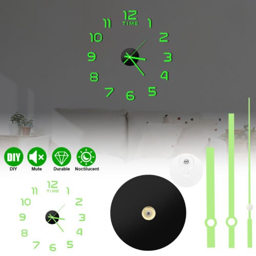 3D Wall Clock Glow in the Dark Silent Large Modern DIY Sticker Office Home Decor