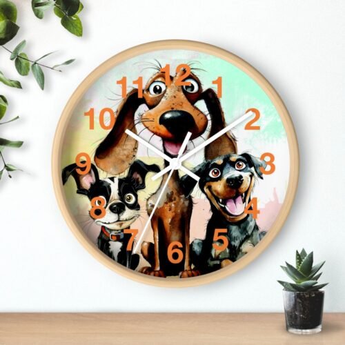 3 Happy Dogs Cute Fun Art Cartoon Pets Wall Clock All Wood 3D Frame Unique