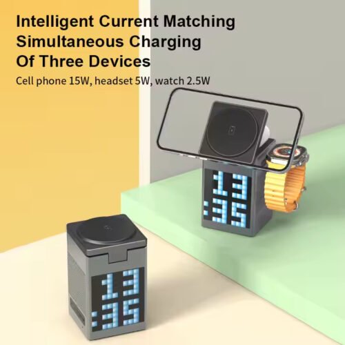 3 in 1 Wireless Charger, 15W Fast Charging, Speaker, Pixel Display, Alarm Clock