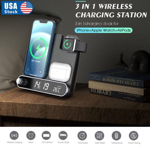 3In1 Wireless Charging Station With Alarm Clock For IPhone/Apple iWatch/AirPods