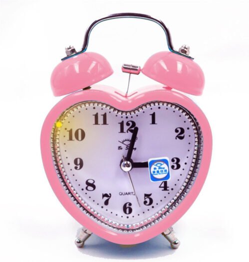 3In Twin Bell Alarm Clock - Loud, Silent Analog with Nightlight Pink Heart Shape
