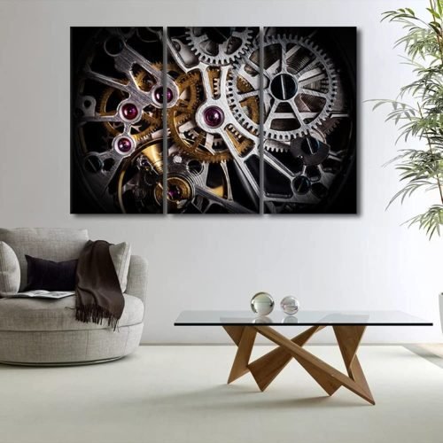 3 Panel Canvas Wall Art Vintage Luxury Clock Pictures for Living Room Mechani...