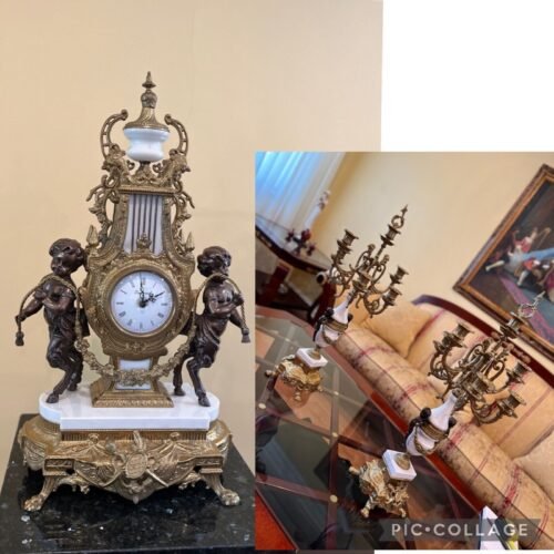 3p Brevettato Italian 1970s VINTAGE White MarBle Ormolu ManTLe Clock Candelabras
