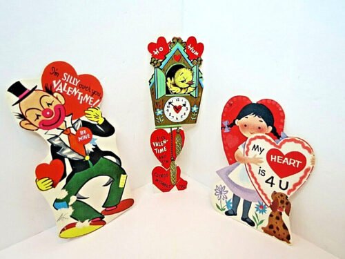 3 Vintage Die Cut Valentines Day Cards. Girl with Heart, Cuckoo Clock & Clown