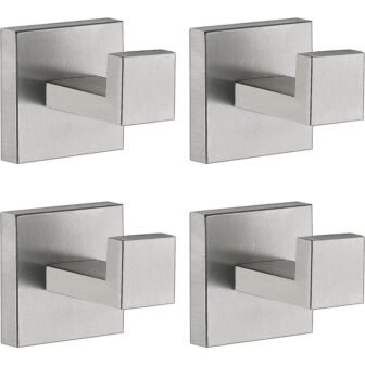 4-Piece Stainless Steel J-Hook Robe/Towel Hook with Square Mount Post in Brushed...