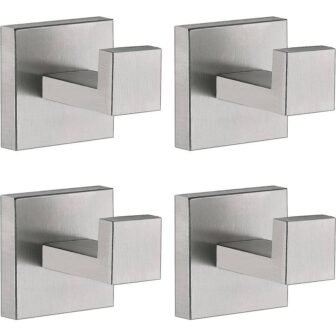 4-Piece Stainless Steel J-Hook Robe/Towel Hook with Square Mount Post in Brushed...