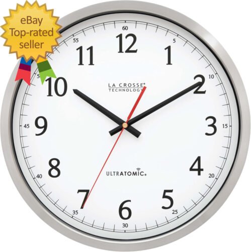 404-1235UA-PL Ultratomic 14 Inch Stainless Steel Wall Clock, Shatterproof Lens,