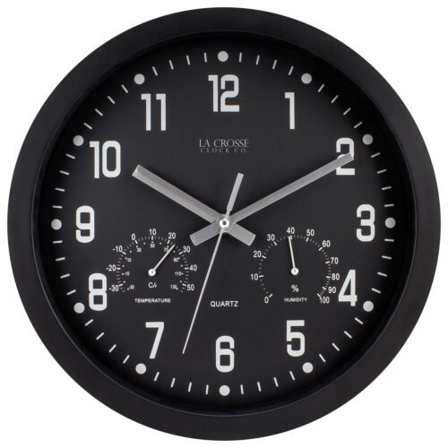 404-2631 La Crosse Clock Co. 12" Plastic Analog Wall Clock with Temp & Humidity