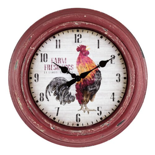 404-3630 La Crosse Clock Co. 12" Distressed Red Rooster Analog Wall Clock