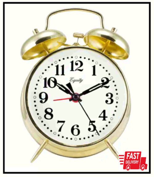 4.5 in. Gold Analog Twin Bell Alarm Clock with Keywind NEW