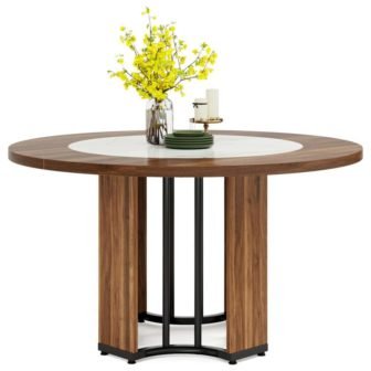 47 in. Round Walnut Brown Wooden Column Base Dining Table for 4-People...