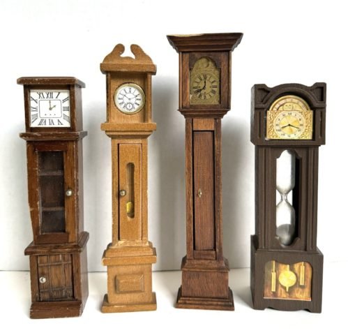 4 Dollhouse Miniature Grandfather Clocks Lot 3 Wood 1 Plastic Variety