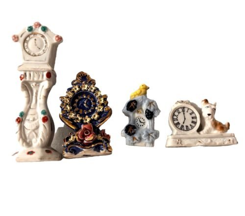 4 Mini Mantel/Grandfather Clocks Ceramic Porcelain Figurine Occupied Japan VTG