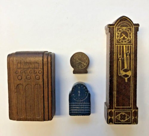 4 PC Antique Wooden Dollhouse Furniture Grandfather Clock, Radio, Table Clocks