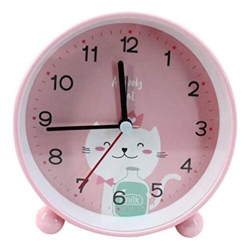 4" Round Cartoon Animal Quartz Analog Alarm Clock Silent Non Ticking Pink Cat