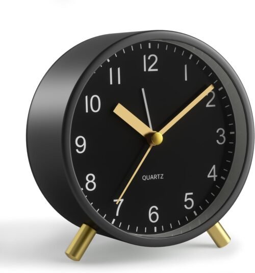 4" Silent Analog Alarm Clock w/Night Light, Battery, Black