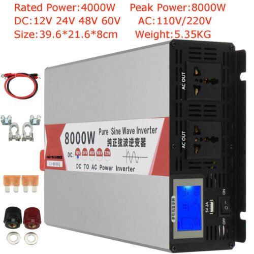 5000W 8000W Max 12V 24V 48V to 220V 240V Pure Sine Wave Power Inverter LCD USB