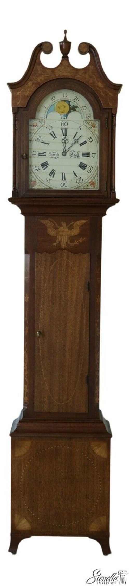 50979EC: COLONIAL Joseph Doll Henry Ford Inlaid Mahogany Grandfather Clock