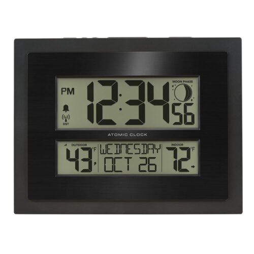 513-75624-INT Digital Atomic Clock with Outdoor Temperature and Moon Phase,Black