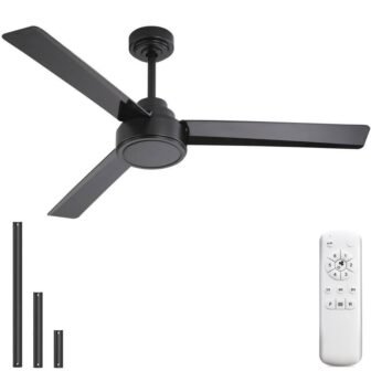 52 in. Indoor/Outdoor Matte Black Ceiling Fan without Light for Bedroom, Remote...