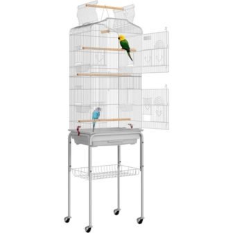 59.8 in. Wrought Iron Bird Cage with Play Top and Rolling Stand...