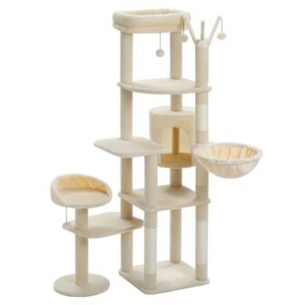 59" Beige Multi-Level Cat Tower Tree with Removable Pompom Sticks, Hammock Cat...