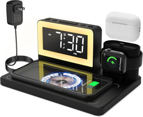 5 in 1 Bedside Wireless Charging Station with Alarm Clock and 7 Color Night Ligh