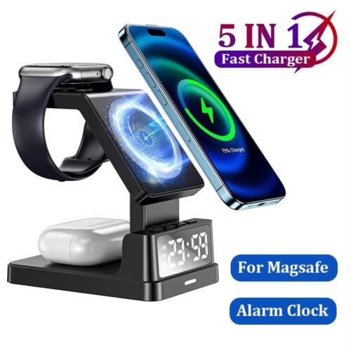 5in1 Wireless Charging Station Dock Charger Stand For iPhone with Alarm Clock