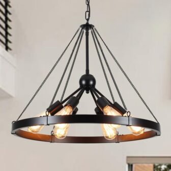 6-Light Modern Black Wagon Wheel Chandelier with Adjustable Chain for Study Foyer...