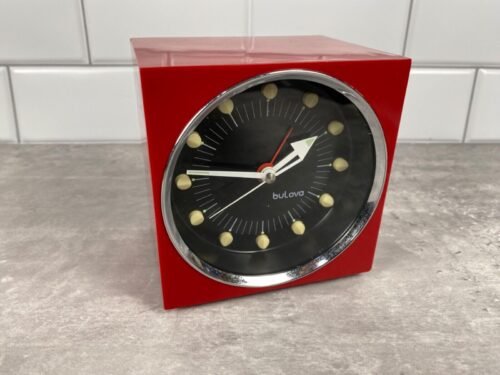 60s BULOVA Wind Up Alarm Clock MCM Atomic Space Age Mod Cube Japan RARE