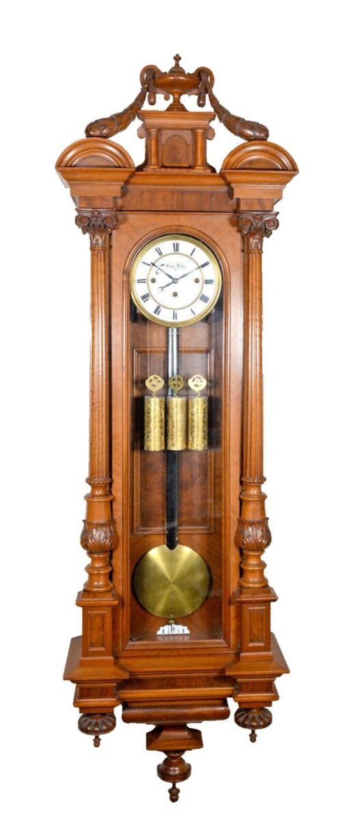 62"H Antique 1890 Austrian 3 Weight Highly Carved Vienna Regulator Wall Clock