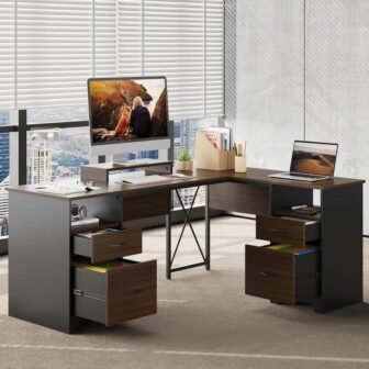 63 in. Rectangular Cherry 4-Drawers L Shaped Computer Desk with 2-Open Storage...