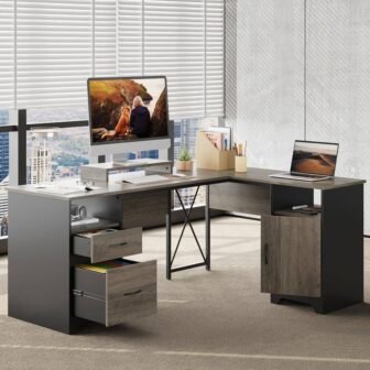 63 in. Rectangular Grey 2-Drawers L Shaped Computer Desk Storage Cabinet and...
