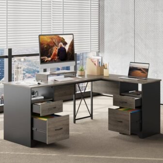 63 in. Rectangular Grey 4-Drawers L Shaped Computer Desk with 2-Open Storage...