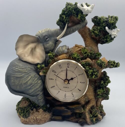 6.5" Elephant DESK CLOCK Wooden & Resin African Animal Wildlife Safari 3D Figure