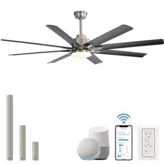 66 in. Smart Integrated LED Indoor Silver Ceiling Fan with Black Blades,...