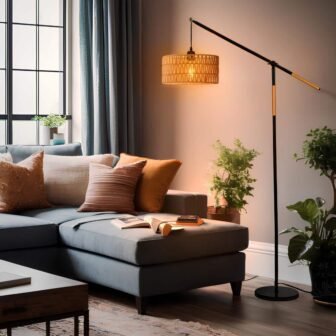 68 in. 1-Light Black Modern Rope Adjustable Swing Arm Floor Lamp with...