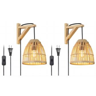 6 in. 1-Light Beige Rattan Bamboo Woven Wall Sconce (2-Pack)